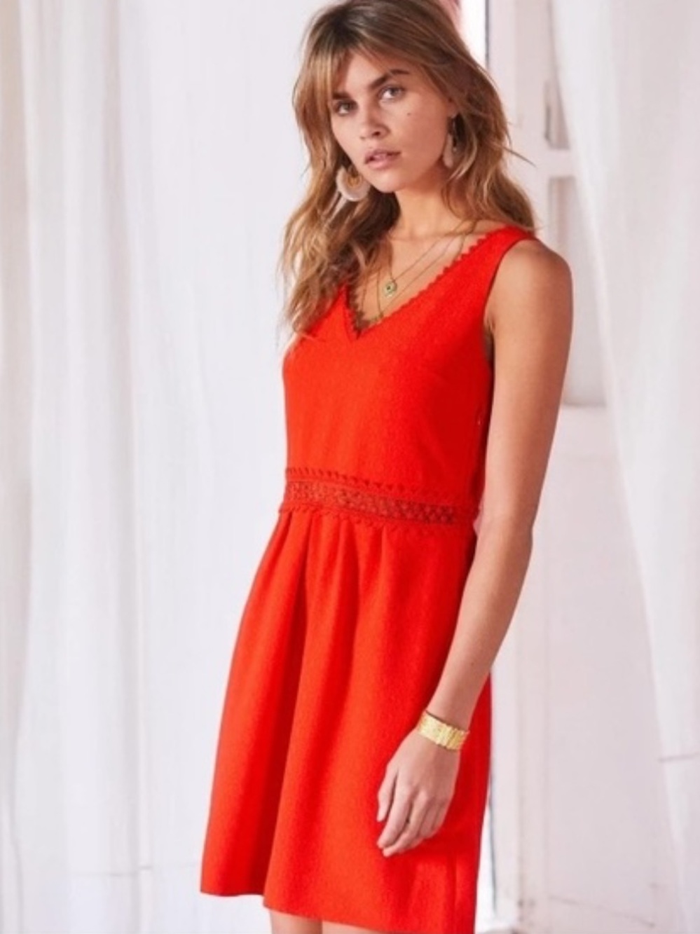 Sezane Daniela Coral-Red V-Neck Sleeveless Mini Dress